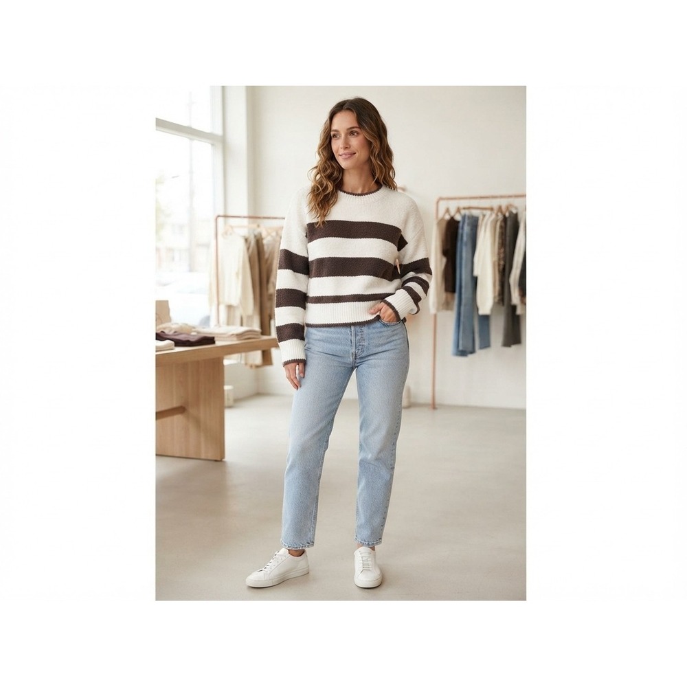 Market & Spruce Brown White Striped Fuzzy Pullover Sweater M Colorblock Cropped